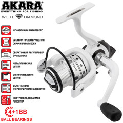 Катушка безынерционная Akara White Diamond 1000, 4 ш.п.+ 1 р.п.